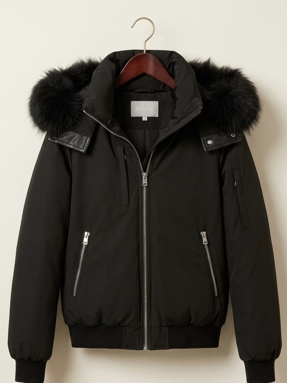 Soia and Kyo Black Hooded genuine Fur and leather Trim down filled winter jacket